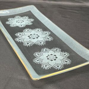 MCM Rectangular White Lace Doily Clear Platter with Gold Trim 1960s